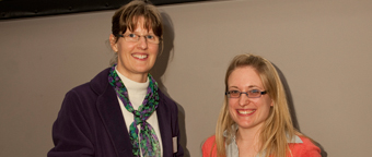 Jo Humphrey (right) is presented with her prize for the best postgraduate researcher presentation